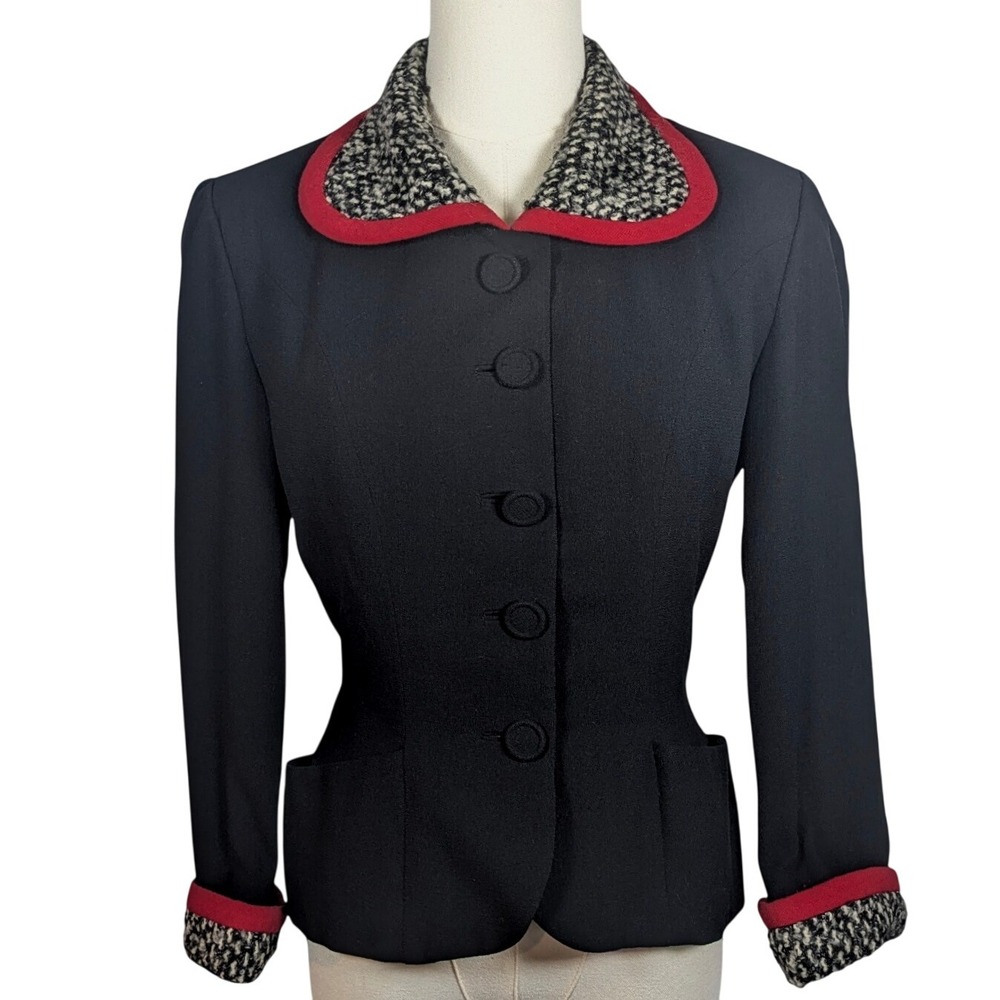 Vintage 1940s Red Trim Tweed Wool Blazer Fitted Nipped Waist Jacket - Picture 5 of 6